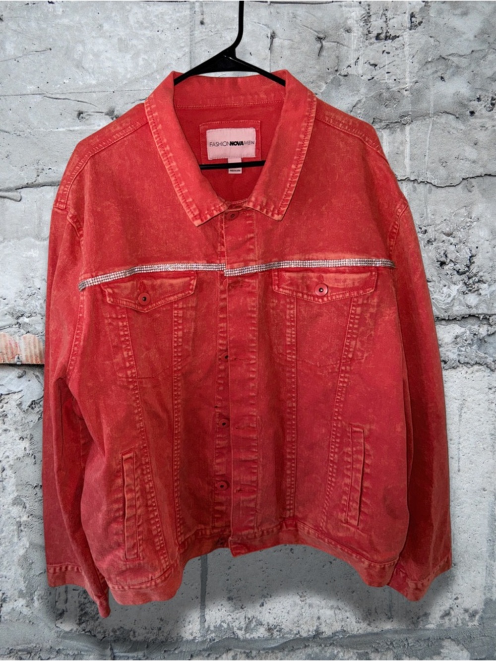 Red Washed Denim Jacket with fringe Trim